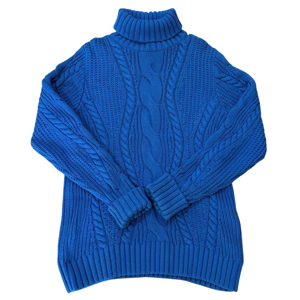 Lands End Cable Knit Turtleneck Sweater Blue Women 1X Cozy Classic